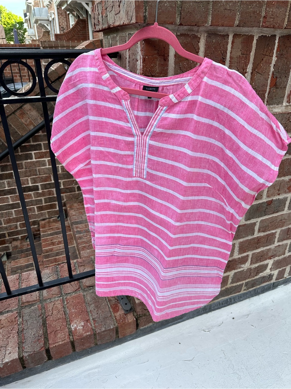 Talbots Pink and White Striped Linen-Blend Tunic Top - Picture 3 of 5